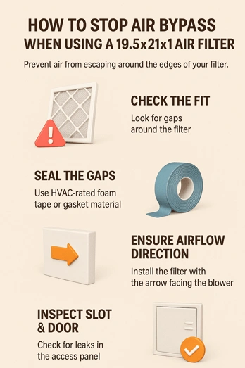 How To Stop Air Bypass When Using a 19.5x21x1 Air Filter 2 Vertical infographic explaining how to stop air bypass when using a 19.5x21x1 air filter, featuring a clean beige (#FAF4E8) background with centered layout, bold headings, and 3D icons showing checking filter fit, sealing gaps with foam tape, confirming airflow direction, and inspecting the filter slot and access door.
